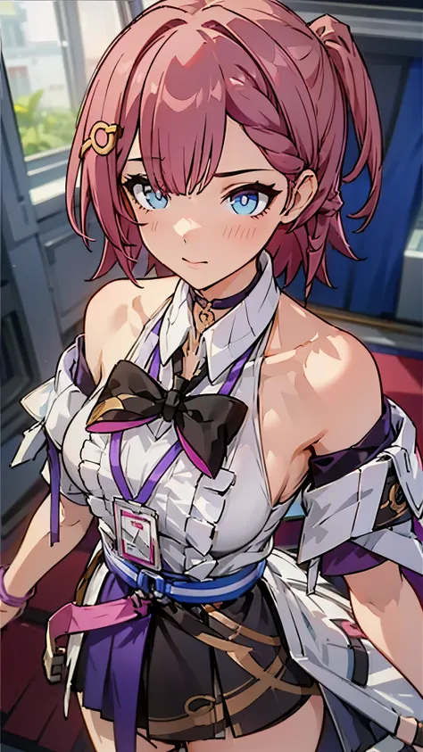 1girl, asta from honkai star rail, pink short hair, short ponyside hair, blue eyes, wearing her outfit, doing daily activities, ...