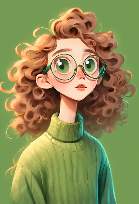 Distinctive style，wear glasses，long neck，Big head，Exaggerated hair，蓬松的头发上的birdie，birdie，exaggerated expression，Nonsense，Green sweater，Long curly hair，clean background，hand drawn style，，pencil drawing，Lovely，smooth lines，Line outline，light and shadow，Sense ...