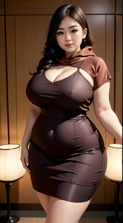 there is a woman random poses with a longest brown and red , bbwchan, thicc, brown  outfit, brown hijab fashion model, korean girl, korean woman, wearing brown robe, full length shot, alluring plus sized model, japanese goddess, clothed in hooded, voluptuo...