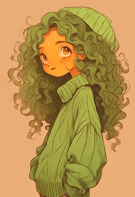 Distinctive style，Pumpkin head，long neck，interesting，Big head，Nonsense，Green sweater，Long curly hair，clean background，hand drawn style，，pencil drawing，Lovely，smooth lines，clean screen