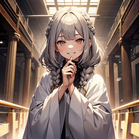 highest quality, high resolution, masterpiece, gray hair, golden eyes, white clothes, look up, Upper body, hair, Fair skin, side braids, smile, double teeth