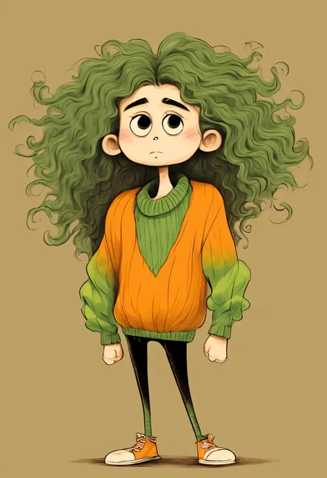 Pumpkin head，long neck，interesting，Big head，Hair like a bird&#39;s nest，Nonsense，Green sweater，Long curly hair，clean background，hand drawn style，，pencil drawing，Lovely，smooth lines，clean screen