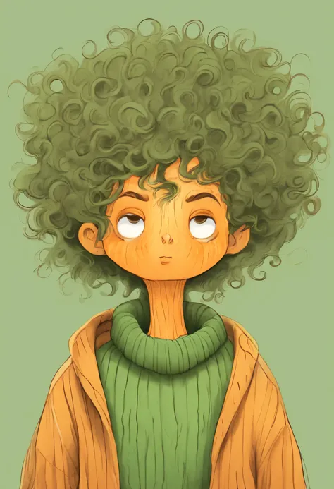 Pumpkin head，long neck，interesting，Big head，long nose，Hair like a bird&#39;s nest，Nonsense，Green sweater，Long curly hair，clean background，hand drawn style，，pencil drawing，Lovely，smooth lines，clean screen