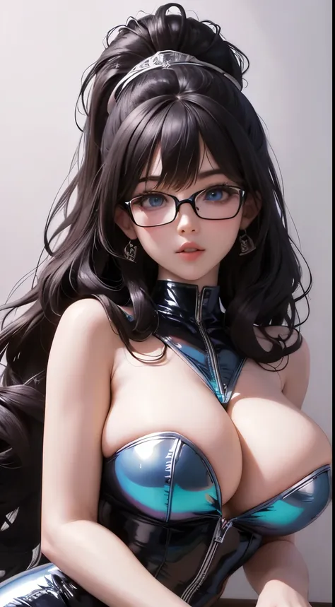 Ultra Macro Photography, fantasy girl, ((cute girl)), huge breasts, latex outfit, shiny/glossy latex, erotic outfit, hyper holographic black latex, long hair, long bangs, defined thick thighs, NSFW, hentai, perfect makeup, realistic face, (detailed eyes), ...