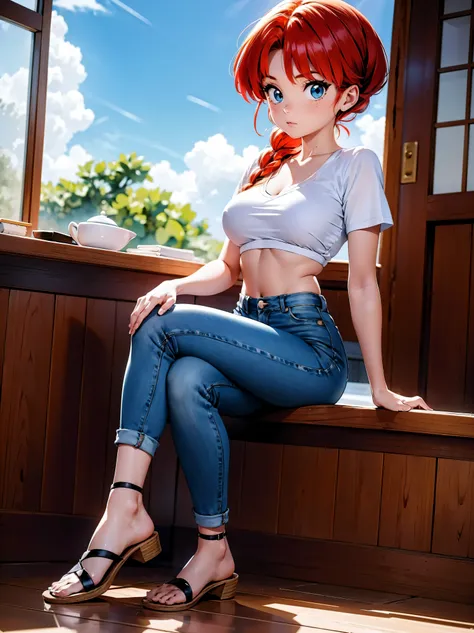 Garota anime ruiva com bermuda jeans azul e blusa cirre purple roxa, 16 anos, agachada, sentada com pernas cruzadas, corpo bonito, seios grandes, with your hands behind your head, running your hands through your hair, garota sexy, red hair with braid, gorg...