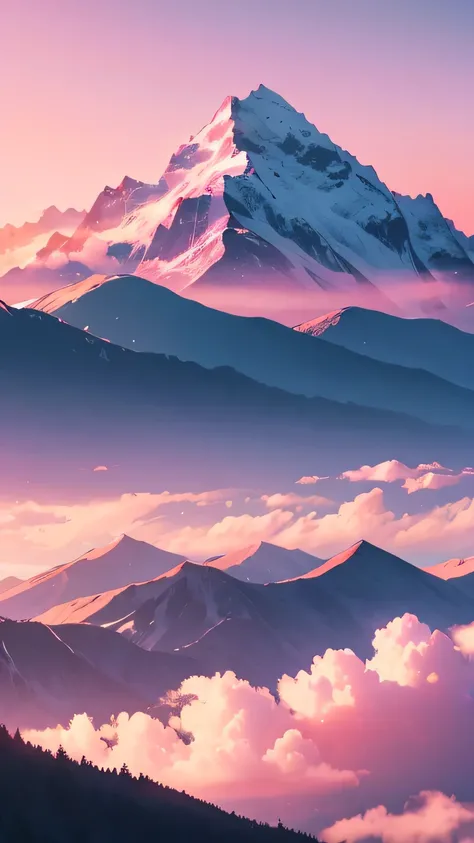 dreamy pink sky，There are mountains、nobody