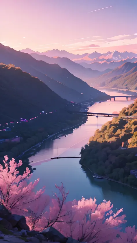 unmanned、dreamy pink sky，There are mountains、river