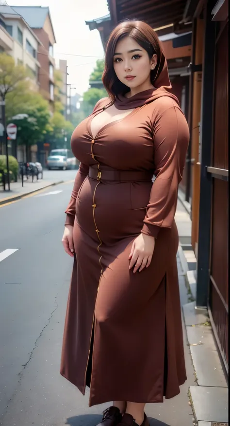 there is a woman random poses with a longest brown and red , bbwchan, thicc, brown  outfit, brown hijab fashion model, korean gi...