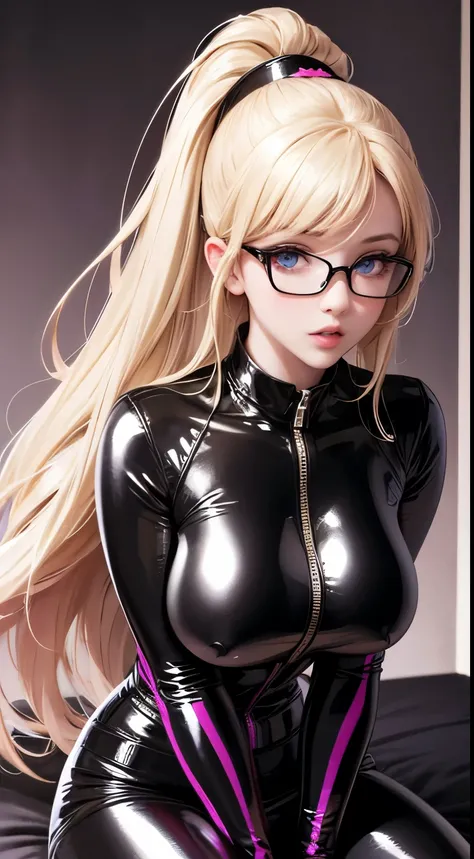 Ultra Macro Photography, fantasy girl, ((cute girl)), huge breasts, latex outfit, shiny/glossy latex, erotic outfit, hyper holographic black latex, long hair, long bangs, defined thick thighs, NSFW, hentai, perfect makeup, realistic face, (detailed eyes), ...