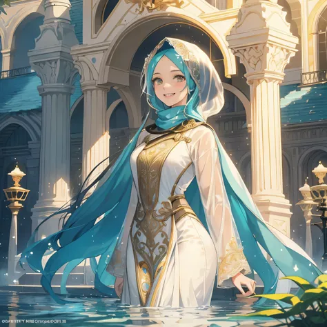 (Masterpiece: 1.2, 8k, best quality: 1.2), In the heart of the vibrant city, a stunning scene unfolds as a radiant young girl clad in a traditional hijabi uniform stands near a mesmerizing fountain. The sun casts a golden glow upon her wet, translucent ski...