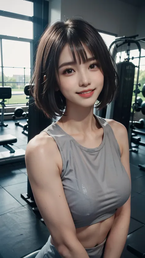 Shooting boyish short hair、(((huge :1.5、Gray short sportswear、Sports gym、power rack、see whole body)))、a smile、small head、Bangs、Cheese、short curly hair、small head、pale pink lips、smile smile、a sexy