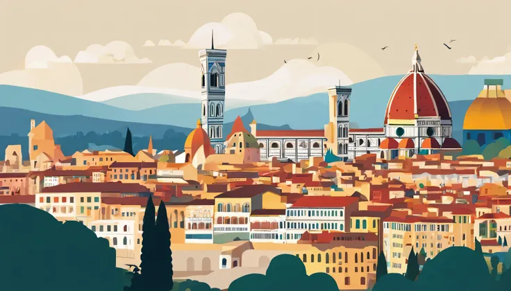 Illustration of the city of Florence with various objects, Editorial Illustration Vivid Color, In the style of James Gilliard, Illustration style, James Gilliard artwork, Flat illustration, in style of digital illustration, Magazine illustration, Editorial...