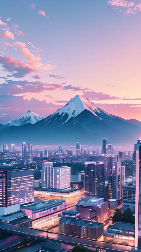 unmanned、dreamy pink sky，There are mountains、architecture