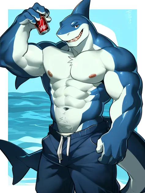 nada,(shark, finless shark), antro,4 dedos, ojos azul aguamarina, pantalones azules, camisa blanca, masculino, muscular, muscula...