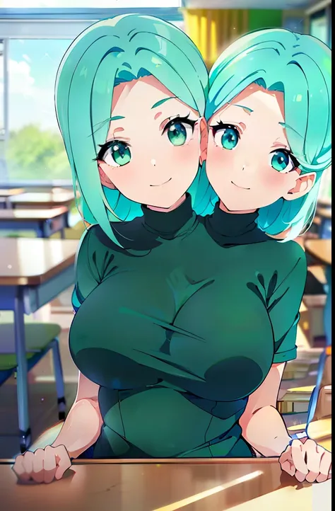 (masterpiece),(ultra-detailed), (high quality), (high resolution), ((2heads:1.5)), (blue green hair), (glowing blue green eyes), best quality:1.5, highres, UHD, 4K), highres, 4k, smiling, teal hair, turquoise eyes, casual wear, turquoise turtleneck, strong...