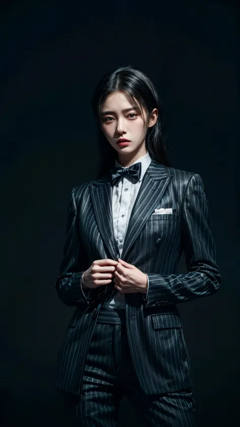 A portrait of two beautiful sister with mafia striped formal suits, standing at night, mafia vibes, menacing expression, closeup, korean face, ultra realistic, ultra fine, studio photoshoot, black plain background.