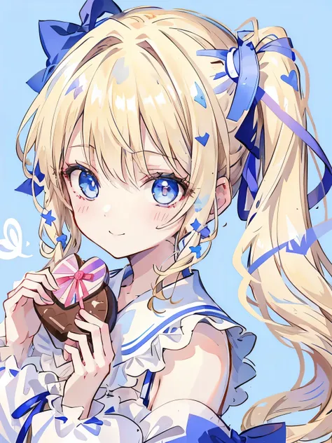 girl、((blonde:1.3))、((Hair tied around the temporal lobe:1.2))、(((side ponytail:1.2)))、((The end of the ponytail is fluffy))、((BREAK))、((blue eyes:1.2))、(beautiful eyes)、((big blue ribbon in hair knot:1.35))、(Voluminous long-sleeved dress with lace)、(A shy...