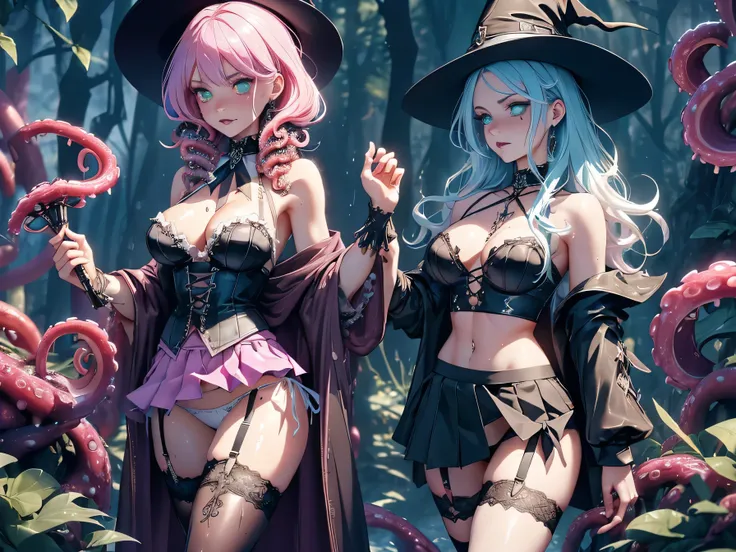 (((wizard girl, gothic style girl, wet girl))),(Two-toned hair with pink and light blue tips),(hair, realistic:1),She has long eyelashes that add to her captivating appearance, green eyes, medium and pointy breasts,(soft breasts),arms behind back, spread l...