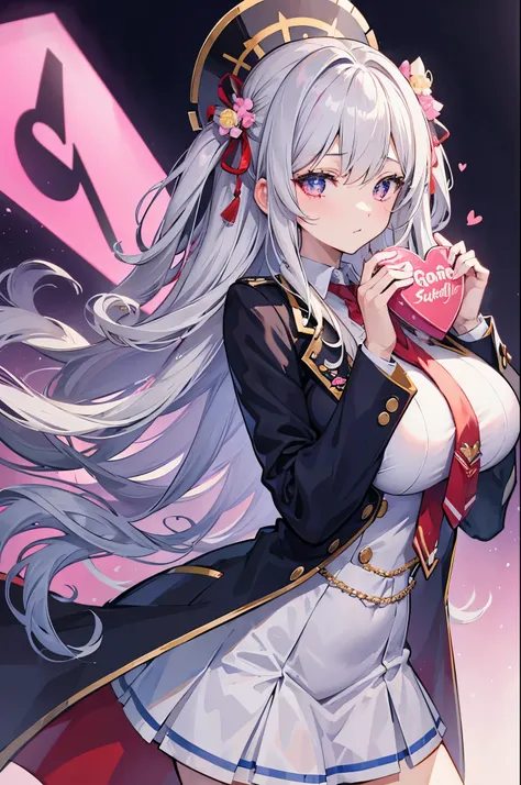 masterpiece, best quality,1 gyaru girl,messy curly ravishing silver hair,super long hair,
half-open-eyes with heart-shaped pupils,huge large breasts silhouette,frilled impossible clothes,navy blazer school uniform,(holding heart-shaped-sweets in hands),