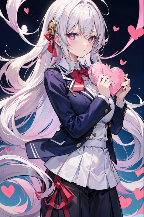 masterpiece, best quality,1 gyaru girl,messy curly ravishing silver hair,super long hair,
half-open-eyes with heart-shaped pupils,huge large breasts silhouette,frilled impossible clothes,navy blazer school uniform,(holding heart-shaped-sweets in hands),