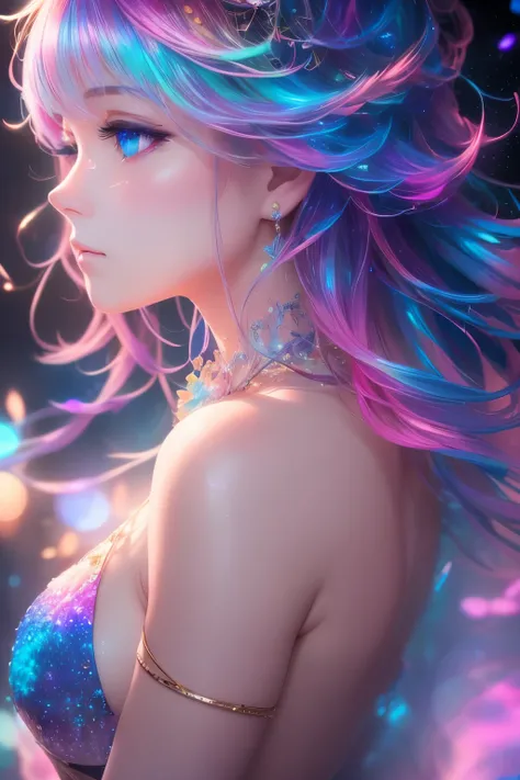 best quality, 32k, RAW photo, incredibly absurdres, extremely detailed, delicate texture, bust up of a beautiful woman with a sad expression looking back, many seven-colored light particles bursting in the fog, fantastic and mysterious, iridescent pastel c...