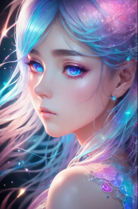 best quality, 32k, RAW photo, incredibly absurdres, extremely detailed, delicate texture, bust up of a beautiful woman with a sad expression looking back, many seven-colored light particles bursting in the fog, fantastic and mysterious, iridescent pastel c...