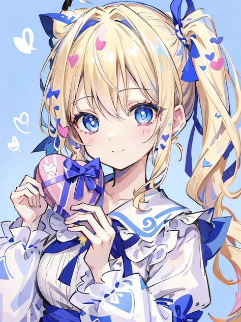 girl、((blonde:1.3))、((Hair tied around the temporal lobe:1.2))、(((side ponytail:1.2)))、((The end of the ponytail is fluffy))、((BREAK))、((blue eyes:1.2))、(beautiful eyes)、((big blue ribbon in hair knot:1.35))、(Voluminous long-sleeved dress with lace)、(A shy...