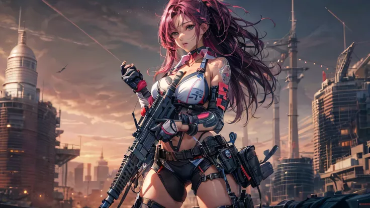 4K, ((very delicate)), realistic, high resolution, 1 woman, alone, thick thighs, big bust, super super big, (detailed face),dark pink hair, long hair, bikini combat uniform, stockings, future battlefield background, ((Ultra-high precision))Girl holding cyb...