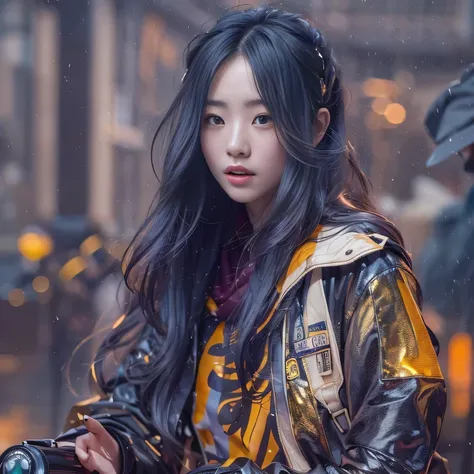 Chapter 3860 The Year of Cyberpunk（masterpiece，HD，超HD，32k lotus root starch）Gradient purple flowing long hair，autumn pond， lotus root starch color， Asian （Michiko）， （silk scarf）， fighting stance， looking at the ground， orange gradient scarf， ((厚框反光翡翠Windpr...