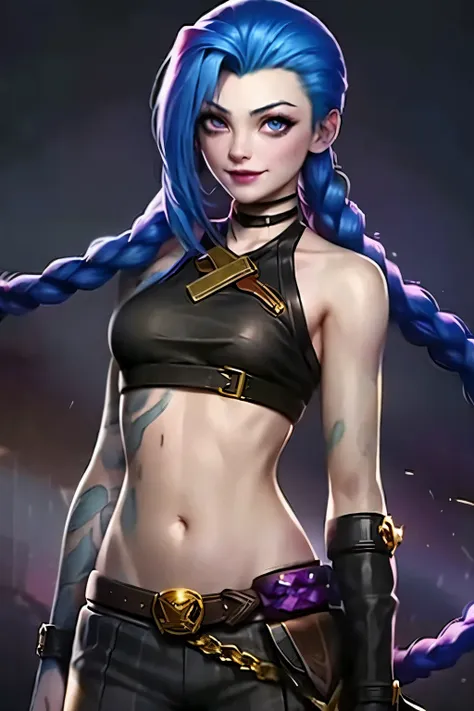 jinx,1girl, belt, blue eyes, blue hair, braid, breasts, jinx (league of legends), long hair, navel, single braid, solo, twin braids