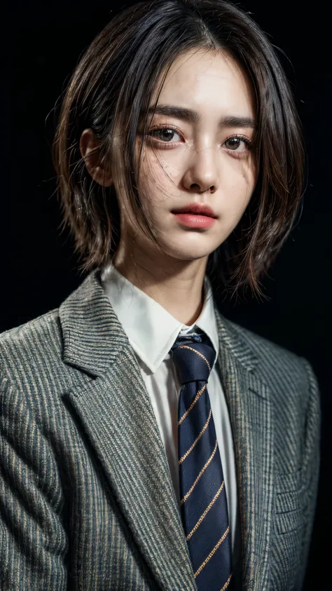 (((A portrait of girl with striped suits with necktie))), medium short hair, standing at night, mafia vibes, ((menacing expression, smirk)), ((closeup)), korean face, ultra realistic, ultra fine, studio photoshoot, black plain background.