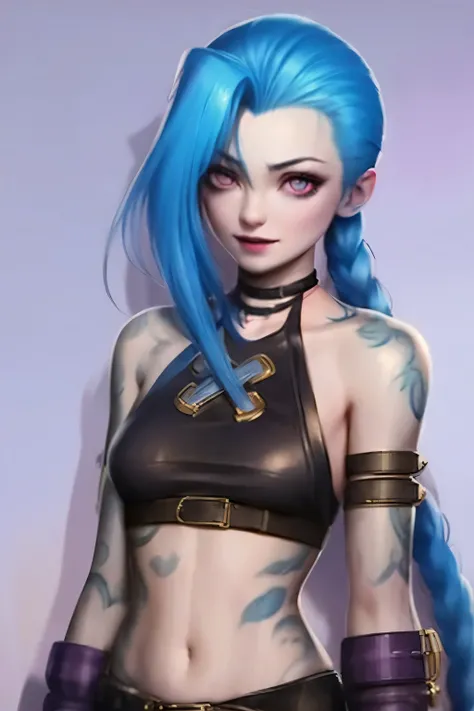 jinx，1girl, bare shoulders, belt, breasts, crop top, midriff, navel, solo, tattoo