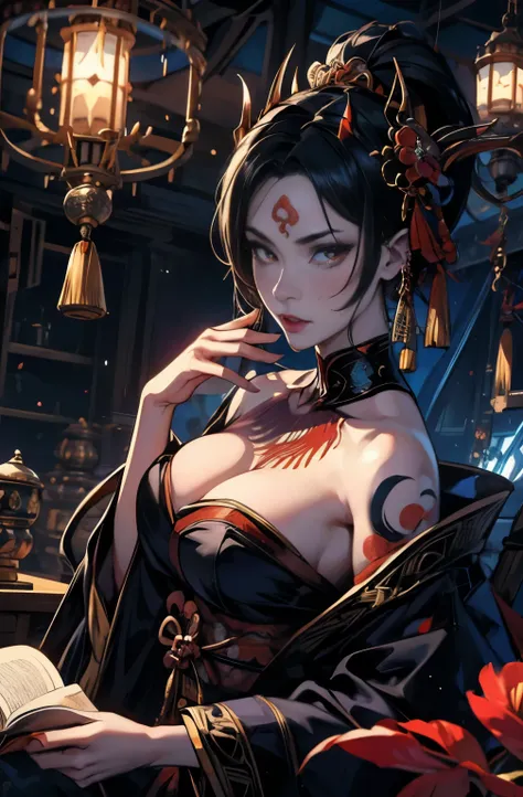 beautiful demon painting, demon woman with a sword, demon woman with a sword, strong female samurai, ２book corner, mouth with fangs, Eyes without pupils, gambling, Kumatori, Hyakka Ryōran, Flower of Shura, Looks like he&#39;s in his late 20s, beautiful bla...