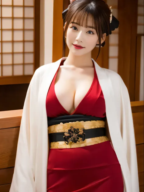 Oiran kimono　Open　Japan　Modern Beauty　big breasts　　　valley　Thighs are visible　