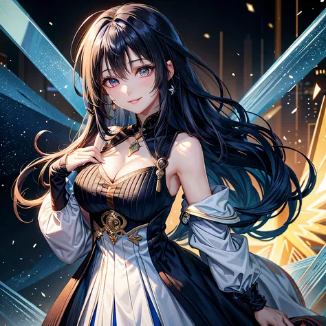 blue hair, hair behind the ear, hair on shoulders, long hair, messy hair, parted bangs, floating hair, expressive hair, crystal hair, jewelry, hairpods, smile, shy, parted lips, seductive smile, bright pupils, Happy, anime, anime style, Depth of bounds wri...