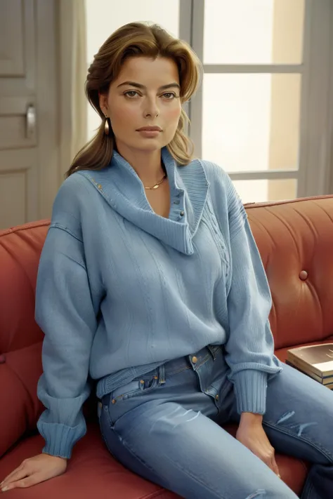 Huelva, Spain, 2002. A young ((((39-year-old)) Lola Ingrid Bergman)), in therapy, sitting on the sofa, ((sad expression)). ((((casual clothing from the 2000s, jeans and sweater)))), ((hairstyle of the 2000s))