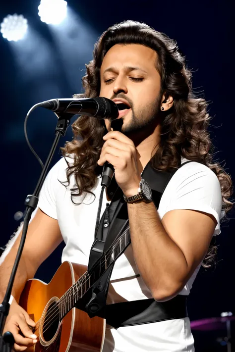 RAW photo in sequence, uma imagem de Atif Aslam cantando com microfone, ((detalhado especial, 4k, 8k, high resolution, mestre-obswork:1.2)), olhos belos e detalhados, beautiful and detailed lips, olhos e rosto extremamente detalhados, longas cilios, cantam...