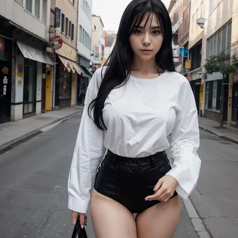 1anime babe has sexy breasts, has black hair, wears a black and white shirt and doesnt wear pants