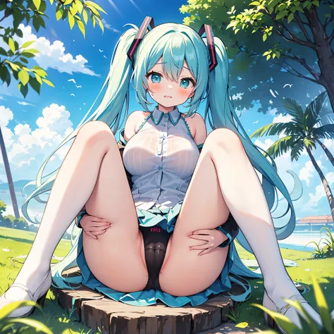 、Kindergarteners、、6 years old、、 of、hatsune miku、one person,nature,null, cloud, hatsune miku, embarrassing expression,embarrassing,blush,huge breasts,squatting with legs apart,striped underwear,I can see through my clothes,pussy,pussy,open your legs,Cloudy ...