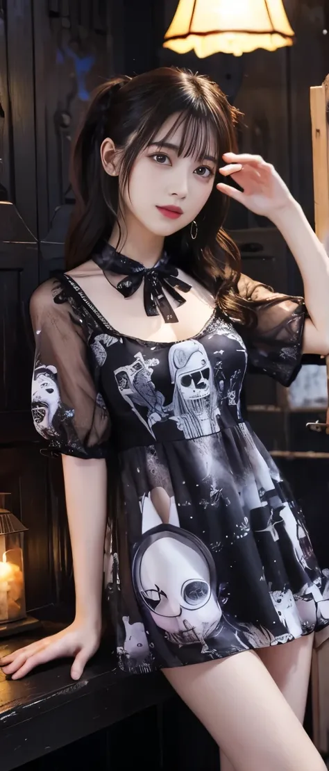 fantasy idol、whole body、good style、、、、、nightmare print mini dress、glowing haunted house