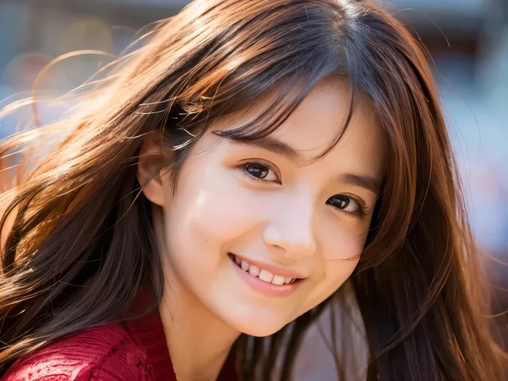 Look here and smile、1 18 year old girl, Long hair – detailed hair, Close-up shot shots, light red tops.