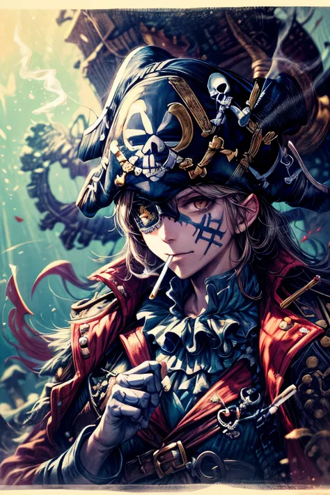 ((worst quality, low quality)), ((50代のpirateの男)), alone, (Close-up:1.3), (face focus:1.4), ((cigarette in mouth,🚬:1.4)), (skull tattoo), ((☠️が描かれたpirateのキャプテンハットを被って)), ((Victorious and powerful eyes,brown eyes):1.2), (片目に☠️が描かれた眼帯をして:1.4), Eyepatch fearle...