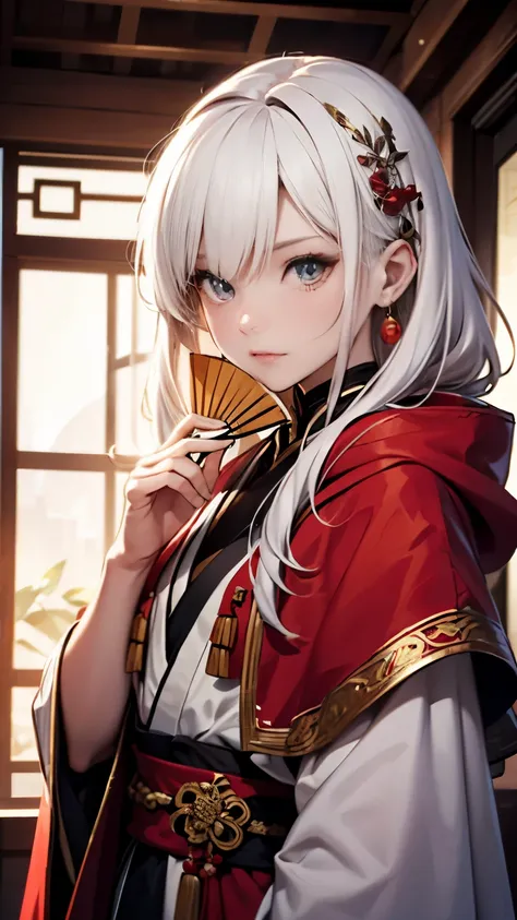 surreal), (High resolution), (8K), (very detailed), (beautiful and detailed eyes), (highest quality), (Super detailed), (masterpiece), (detailed face),An anime character with white hair and a red cloak is holding a fan, Haise Jinyao, white haired god, Insp...