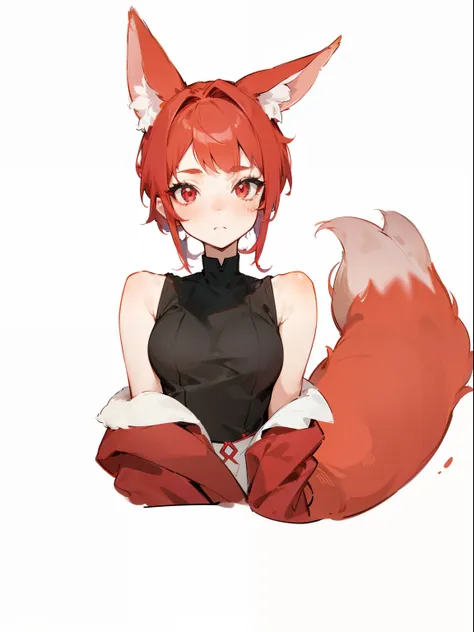 1 girl scarlet hair, scarlet eyes, curls hanging, short hair, Fennec breed, ears slightly curled up, tail, red vest on top