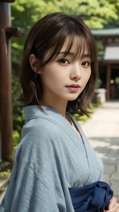 Generate image, 23-year-old Japanese female, upper body, illuminated face, natural expression. Shoulder-length brown hair, side-swept bangs, oval face, subtle makeup, soft brown eyes, delicate nose, small smile, wearing a vibrant kimono, praying in front o...