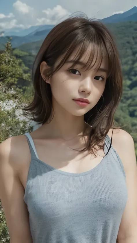 Generate image, 23-year-old Japanese female, upper body, illuminated face, natural expression. Shoulder-length brown hair, side-swept bangs, oval face, subtle makeup, soft brown eyes, delicate nose, at the peak of a mountain, arms spread wide in a victory ...