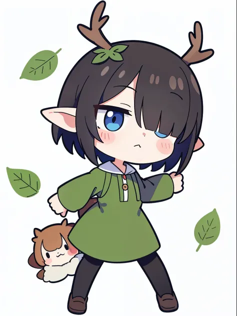 Manga style one woman, short hair, chibi elf, one body, covering one eye, with deer antlers and mold, dressed in leaves, 2D, white background, and showing the number two on her hand