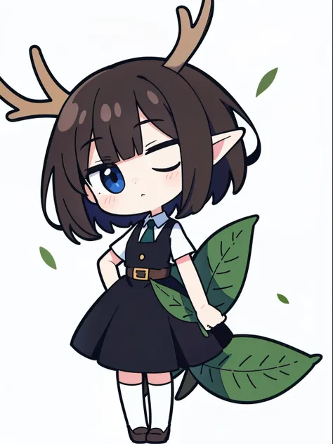 Manga style one woman, short hair, chibi elf, one body, covering one eye, with deer antlers and mold, dressed in leaves, 2D, white background, and showing the number two on her hand