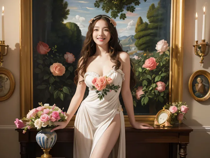 full body portrait or statue、Stained glass、Vigée Leblanc style、math、astronomical machine、astronaut、roses in vase、fruit、Cute trinkets、smile、ancient greek costume、Sandro Botticelli paintings、Costume that stretches your shoulders、A big smile、expression of ecs...