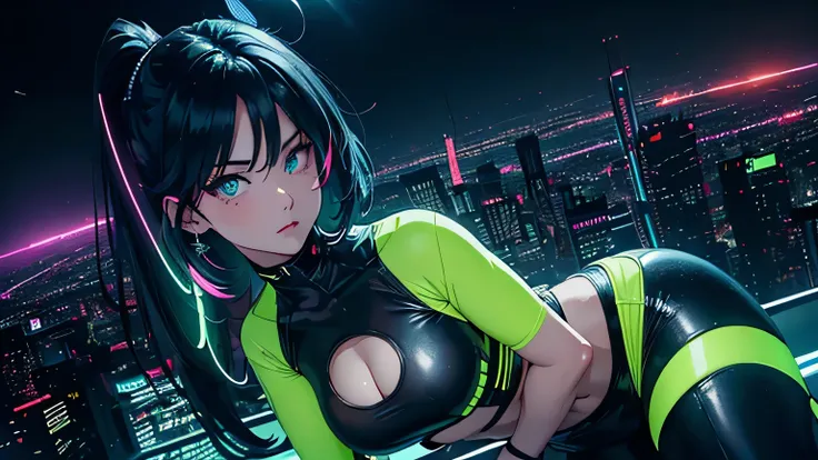 Editorial Style photo,  Aerial view, 1woman, fit-muscled body, medium breast, bright yellow eyes，dark blue hair , blue eyes, With round lenses, The audience watched carefully, (s face: 1.2), Perfect female figure, ((standing)), ((neon green Tight crop top ...